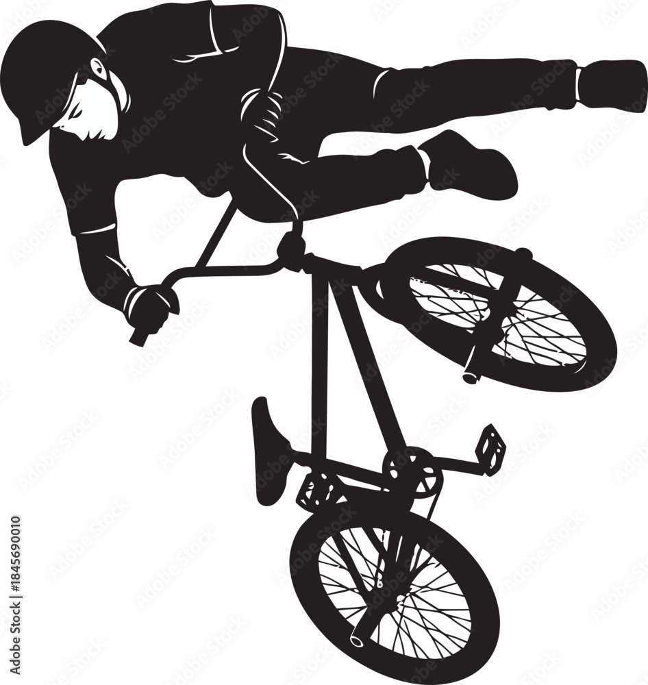 Fototapeta premium Epic black silhouette vector of a BMX rider mid-air performing a dangerous stunt. Dynamic overhead view captures extreme action sport, freestyle biking, and high-flying tricks.