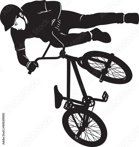 Epic black silhouette vector of a BMX rider mid-air performing a dangerous stunt. Dynamic overhead view captures extreme action sport, freestyle biking, and high-flying tricks.