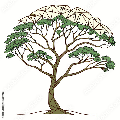Stylized illustration of a tree featuring a geometric geodesic dome canopy and green leaves on a white background