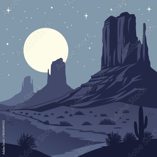 A stylized illustration of a desert landscape at night with buttes under a full moon and starry sky