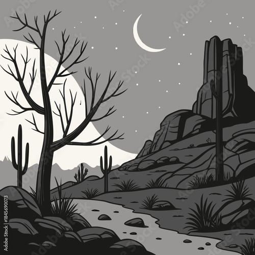 Stylized black and white illustration of a desert landscape at night with a crescent moon and cacti