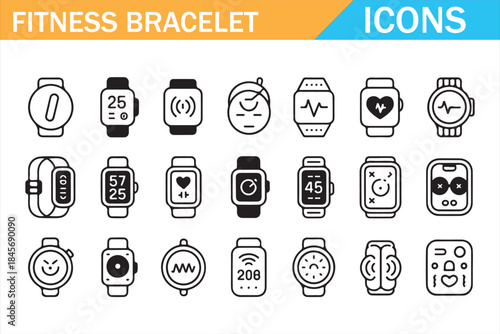 Fitness bracelet and wearable tracker icons set with health monitoring, activity tracking and smartwatch interface symbols in outline style for mobile apps, dashboards, technology and wellness design