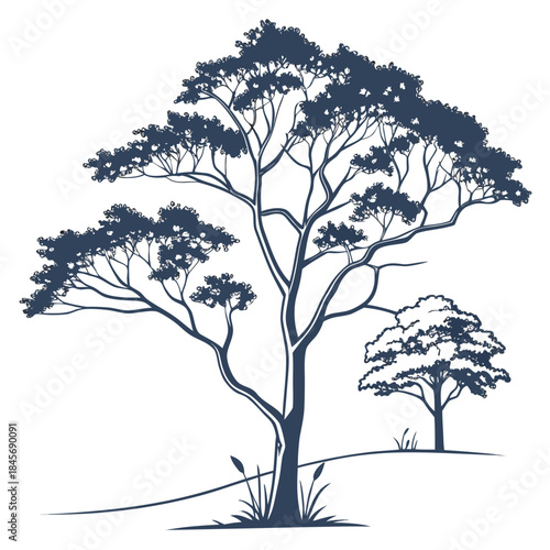 Elegant vector silhouette of a large african savanna tree and smaller tree on a simple landscape
