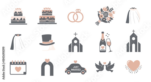 A collection of wedding icons in gray and peach colors on a white background, featuring symbols like cakes, rings, churches, and hearts, representing various aspects of a marriage celebration.