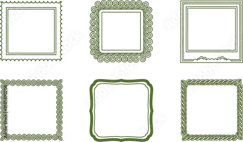 A versatile collection of elegant green outlined square and rectangular frames with intricate decorative patterns perfect for enhancing invitations, certificates, or photo layouts