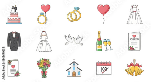 Collection of wedding planning icons and symbols for invitations and decorations in colorful illustration style on white background