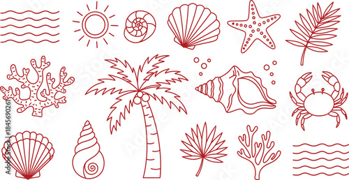 Collection of red line art illustrations depicting various summer beach and ocean elements, including shells, palm trees, and marine life for a tropical vibe
