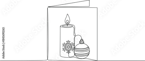 Abstract Continuous Line Xmas Card with Ornament and Candles.