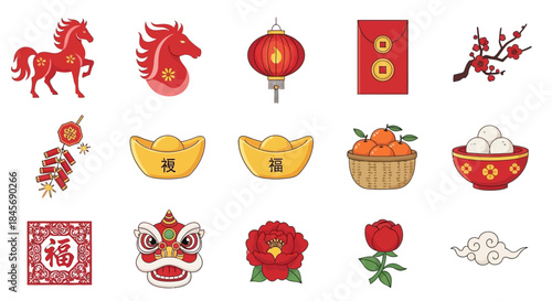 Chinese new year festival decorations and symbols on white background, including horse, lantern, lion dance, flowers, and food, in red and gold colors, for celebration and cultural traditions.