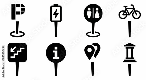 Parking Pin Vector Icon Black Location Marker Map Symbol GPS Navigator Sign Direction Graphic Element Isolated on White Background