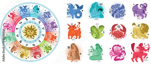 Twelve zodiac signs set and astrology wheel. Hand drawn vector illustrations isolated on transparent bg