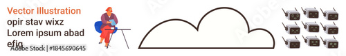 Cloud computing, data storage, remote work, digital services, information technology, network management. Person on a laptop, a cloud symbol and multiple servers. Cloud computing and data storage