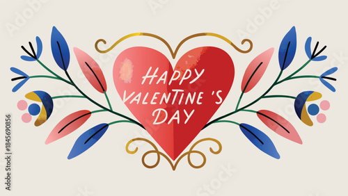 Happy valentine's day single red heart with elegant floral design elements on light background
