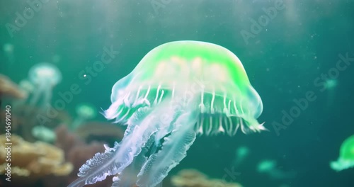 Deep ocean jellyfish floating with soft light effects. Surreal Underwater Bioluminescent Worlds.