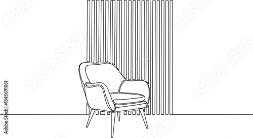 Abstract One-Line Living Room Scene with Slatted Wall and Armchair.