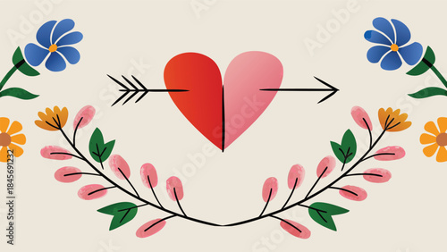 Valentine's day graphic design with heart pierced by arrow surrounded by flowers