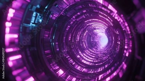 Fototapeta Naklejka Na Ścianę i Meble -  Futuristic tunnel illustrating a high speed data stream inside a digital network, with bright violet and blue light enhancing the abstract technology concept and connectivity