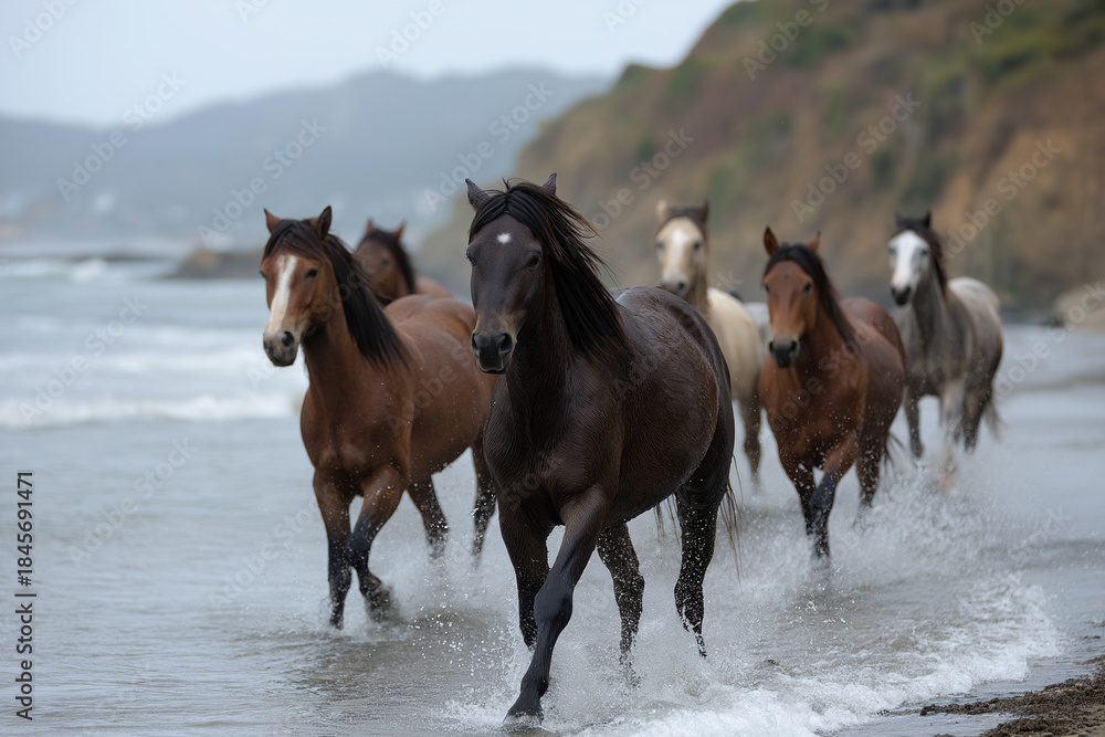 Obraz premium A powerful group of horses races joyfully across the shoreline, splashing through the gentle waves, showcasing their beauty and freedom amid a tranquil coastal backdrop.