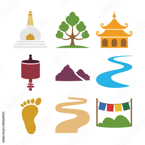 Buddhist sacred landmark icon set, stupa temple pagoda tree river prayer flags, spiritual destination, flat vector illustration