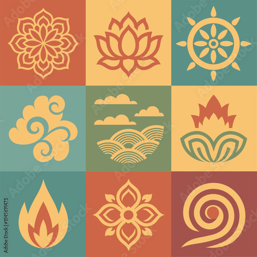 Sacred Buddhist decorative symbol set, lotus mandala flame cloud wheel motifs, spiritual art elements, ornamental flat vector illustration