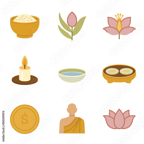 Spiritual offering symbol set, rice bowl lotus flower candle coin monk icons, meditation ritual objects, calm worship, flat vector illustration
