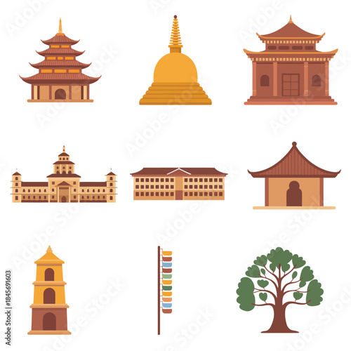 Temple and stupa icon collection, pagoda monastery sacred buildings religious landmarks, Asian spiritual architecture, flat vector design