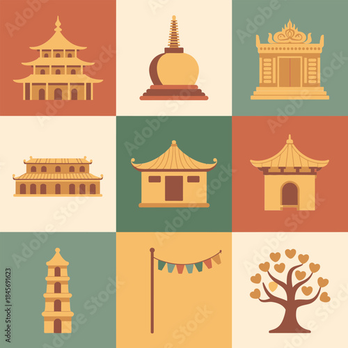 Asian religious architecture icon collection, temple pagoda stupa monastery bell tree icons, cultural heritage landmarks, flat vector design
