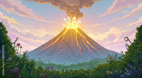 Cartoon Erupting Volcano with Lava and Jungle Landscape
