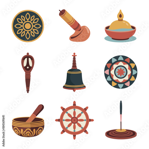Buddhist landmark icon collection, monastery pagoda stupa temple structures, spiritual destination symbols, clean flat vector design