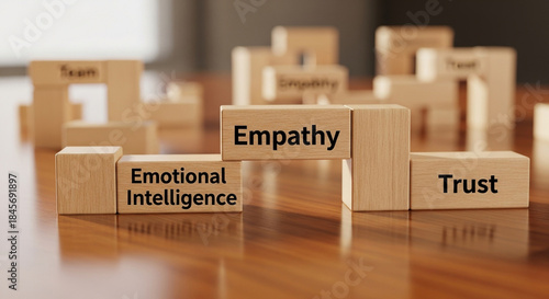 Wooden blocks with emotional intelligence concepts on office table