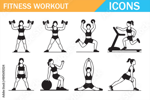 Workout and fitness training icons collection for gym and health design