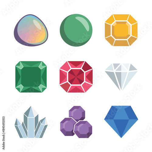Precious gem illustration collection, round oval square jewel stones, faceted crystal minerals, jewelry design, colorful flat vector set