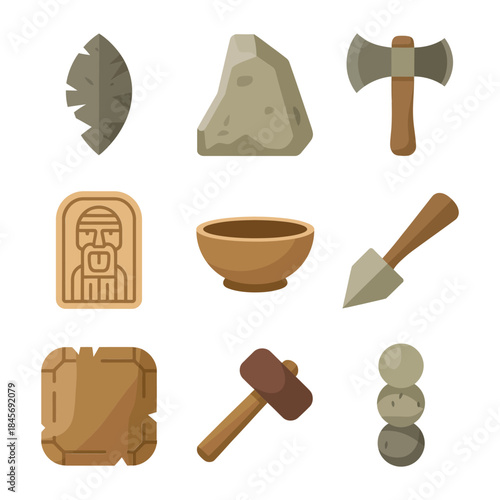 Prehistoric tool illustration collection, stone axe hammer chisel pottery relics, early human craft, flat vector design