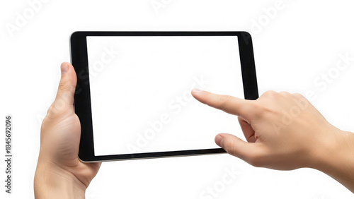 Hands holding tablet device isolated on transparent background