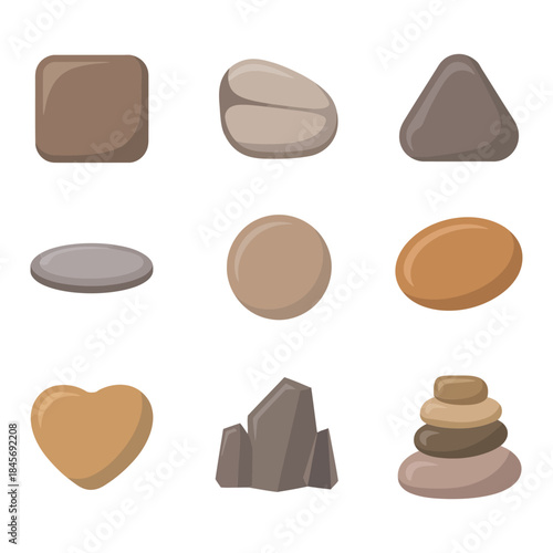 Pebble and rock icon set, rounded stones stacked balance shapes, zen nature elements, calm flat vector illustration design