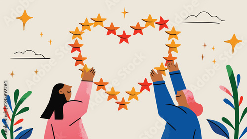 Happy valentine's day concept with tiny stars forming a heart shape, two people reaching up to touch colorful stars on a light background