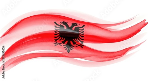 Albanian flag banner in wavy motion. Watercolor style illustration. Paintbrush form or spilled paint form on light background. Flag of Albania. Flag day celebration concept, patriotism concept