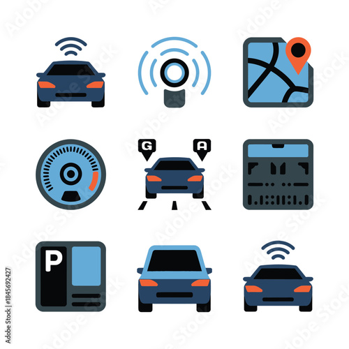Autonomous car icon set, smart vehicle radar navigation parking sensors, self driving technology symbols, modern flat vector illustration