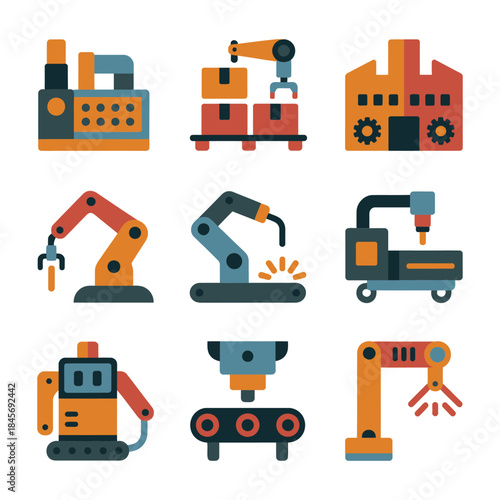 Industrial robot icon set, robotic arms conveyor machines welding assembly, smart factory automation, colorful flat vector illustration design