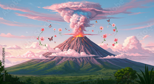 Vibrant Volcano Eruption with Floral Decorations