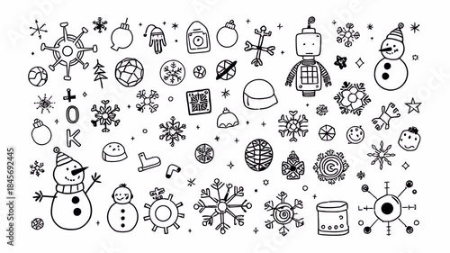 Hand-drawn doodle animation with alpha channel on transparent background showing winter characters, robots and holiday decorative elements.