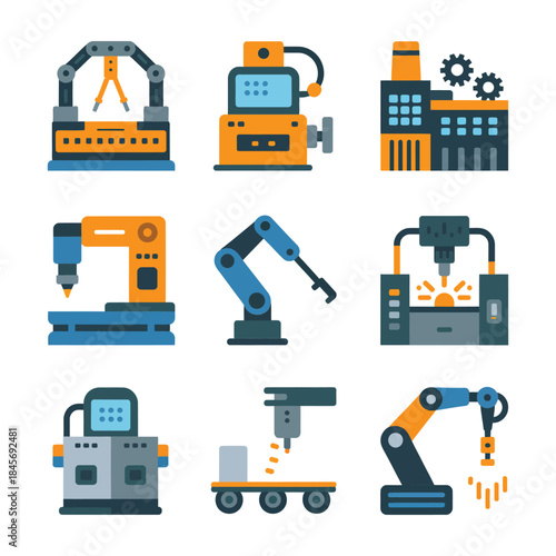 Manufacturing automation icon collection, cnc robot arm conveyor assembly machines, production industry workflow, flat vector design illustration set