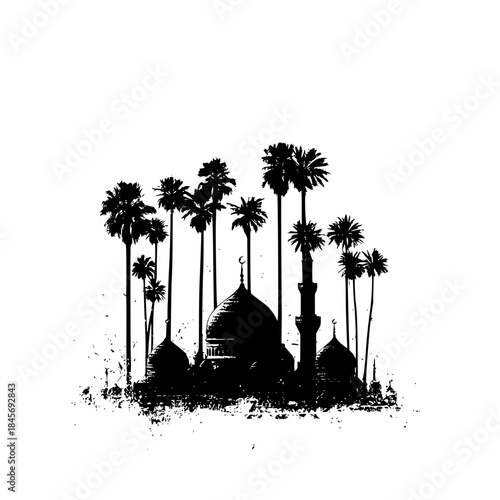 Black Silhouette Mosque with Palm Trees Isolated on White