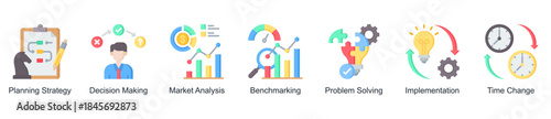 Strategy and decision-making web banner icon vector illustration for business management with planning strategy, benchmarking, problem solving, implementation, and decision-making icons.