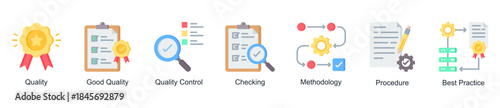 Quality and methodology web banner icon vector illustration for process excellence with quality control, checking, good quality, procedures, best practices, and methodology icons.