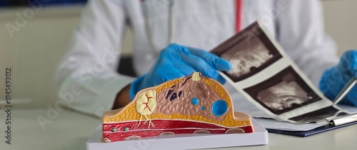 Mammologist examines result of mammographic examination of breast using x-ray scan concept