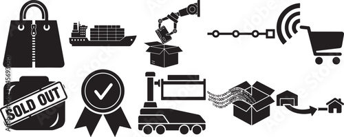 Collection of e-commerce and retail symbols with zipper bag, sold out, data chain, robotic arm packing, and shopping cart