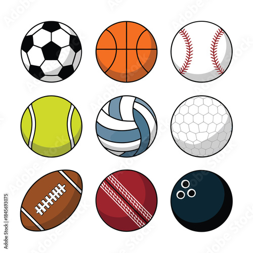 Mixed sports ball illustration set, football basketball soccer baseball tennis volleyball icons, game equipment, bright flat vector design