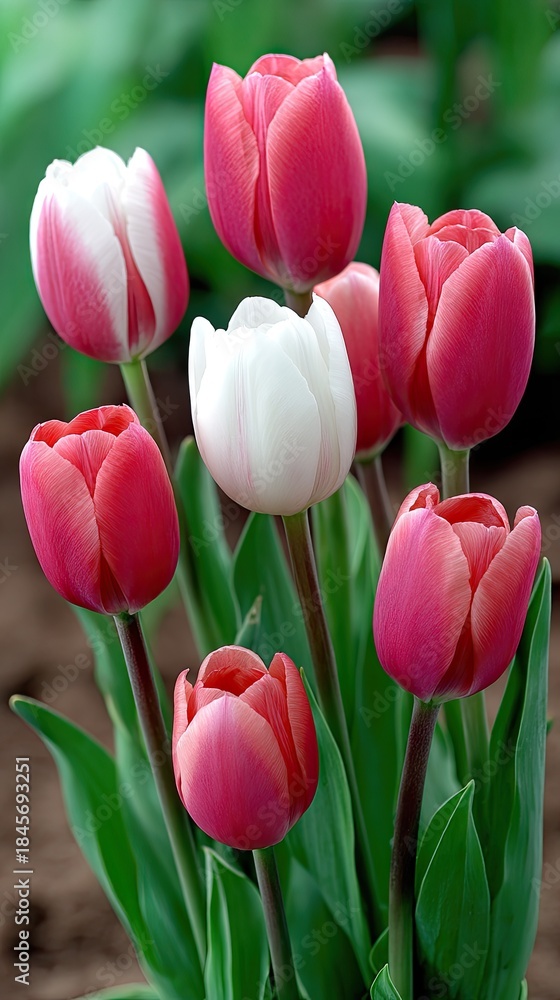 Obraz premium Bright pink and white tulips bloom in a vibrant garden, showcasing nature's beauty in high definition
