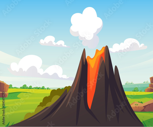 Volcano vulcano explosion lava volcanic active island concept. Vector graphic design illustration